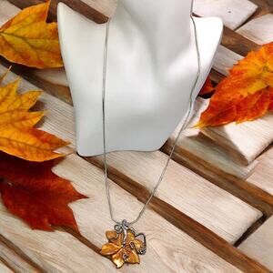 Carved Autumn Leaf/Flower Mussel Shell Sculptural Modernist 24"Pendant Necklace!